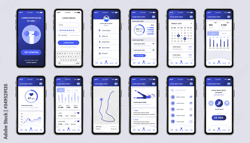 Fototapete fitness workout unique design kit for mobile app. fitness tracker screens with running route planner
