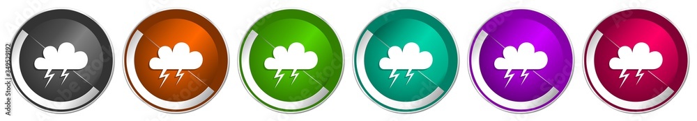 Poster Storm icon set, silver metallic chrome border vector web buttons in 6 colors options for webdesign