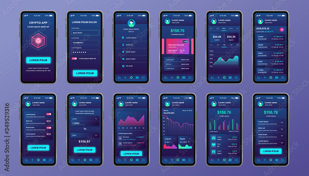 Fototapete cryptocurrency unique design kit for mobile app. bitcoin mining screens with progress charts and fin