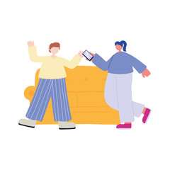 people activities, couple in living room with smartphone
