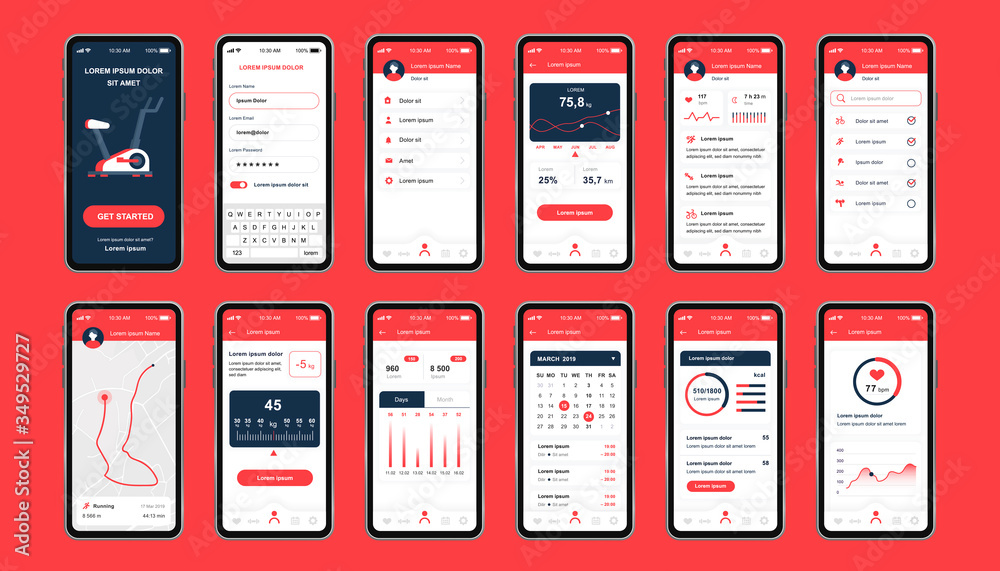 Wall mural fitness workout unique design kit for mobile app. fitness tracker screens with running route planner