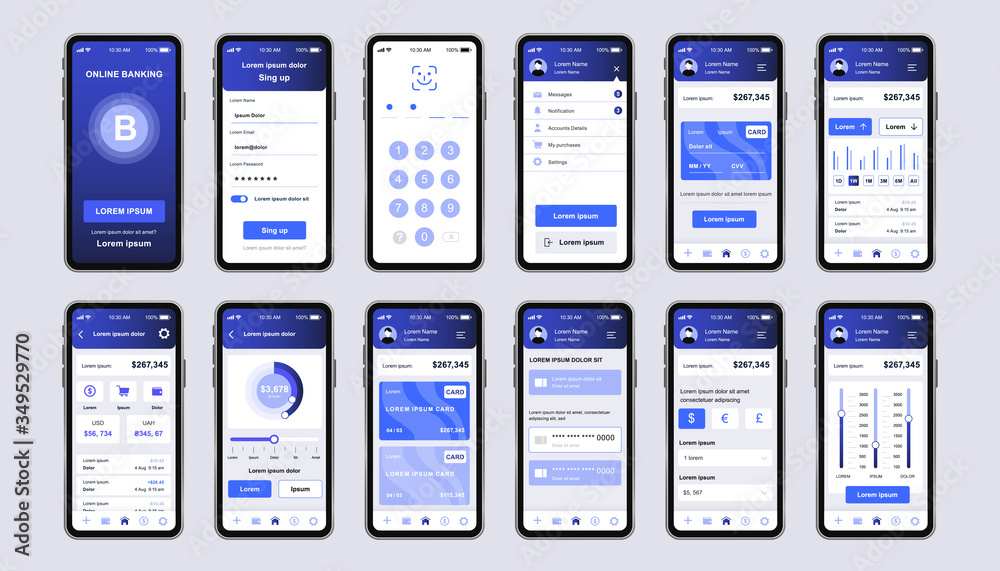 Wall mural online banking unique design kit for app. mobile wallet screens with financial account and transacti