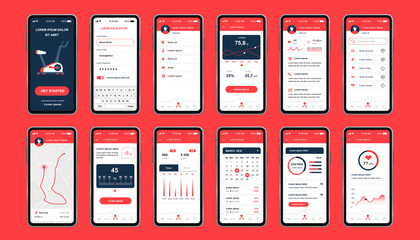 Fitness workout unique design kit for mobile app. Fitness tracker screens with running route planner, analytics and burned calories. Sport UI, UX template set. GUI for responsive mobile application.