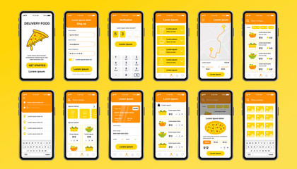 Delivery food unique design kit for app. Online pizzeria screens with food menu, order and payment. Express delivery and catering service UI, UX template set. GUI for responsive mobile application.