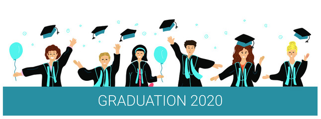 Banner graduation 2020. 6 students. Congrats graduates happy flat people. Flying graduate caps, ceremony campus, college celebrate friends: multinational 3 women and 3 men. Hand drawn illustration.