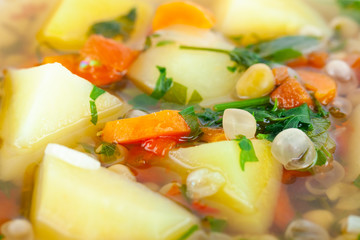 Fresh vegetable soup made of pea, carrot, potato and other vegetables