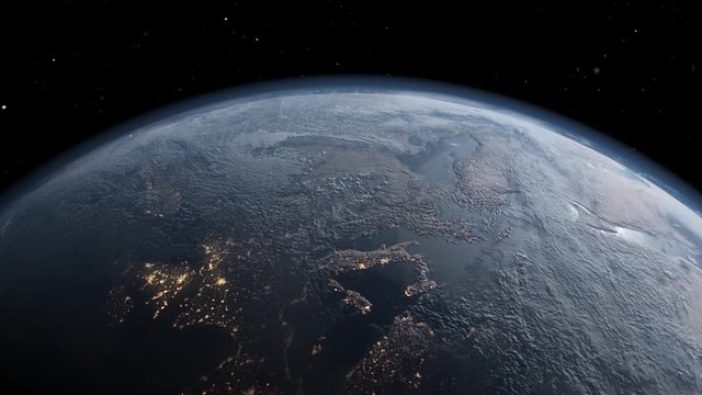 World globe spinning Earth in space - view of europe at night