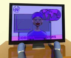 News futuristic 3D illustration. Year 3000, a character  in his sleepers watching TV news at home, cartoon. Collection.