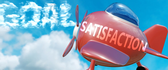 Satisfaction helps achieve a goal - pictured as word Satisfaction in clouds, to symbolize that Satisfaction can help achieving goal in life and business, 3d illustration