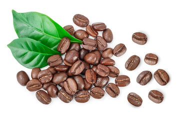 Heap of roasted coffee beans with leaves isolated on white background . Top view. Flat lay.