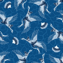 Classic Blue Crane Birds with Flowers Vector Seamless Pattern