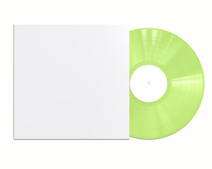 Light Green Vinyl Disc Mock Up. Vintage LP Vinyl Record with White Cover Sleeve and White Label Isolated on White Background. 3D Render.