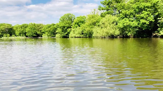 Lake view with blue sky reflection on water, England.