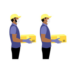 Vector illustration set of black or latin courier in protective gloves and masks with package.  Delivering the parcel or box concept. Online shopping order. Young boy and adult worker