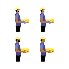 Vector illustration set of black couriers with package. Delivering the parcel or box concept. Online shopping order. Young boy and adult with beard with and without protective gloves and masks