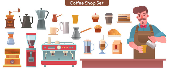 Vector illustration of barista, coffee shop set