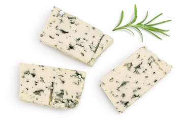 Blue cheese slices with rosemary isolated on white background with clipping path and full depth of field. Top view. Flat lay.