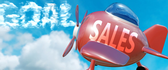 Sales helps achieve a goal - pictured as word Sales in clouds, to symbolize that Sales can help achieving goal in life and business, 3d illustration