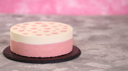Delicious strawberry mousse cake. Modern dessert. Sweet food