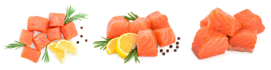 raw salmon piece cube with rosemary and peppercorn isolated on white background close up. Set or collection