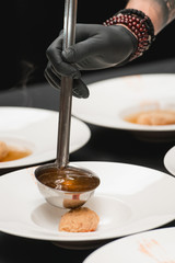 Hungarian traditional cuisine, dumplings with rabbit sauce