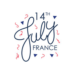 Bastille day lettering design with decorative elements, flat style