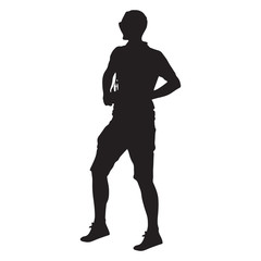 Vector illustration of man silhouette isolated on white background. Young male wearing backpack and sunglasses. Adult person in T-shirt  and shorts standing and looking straight ahead. Side view. 