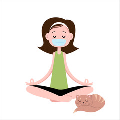 Girl is meditating with a cat.