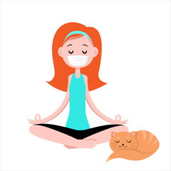 Girl in medical mask is meditating with a cat.