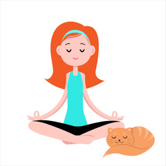 Girl is meditating with a cat.
