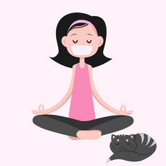 Girl in medical mask is meditating with a cat.