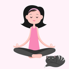 Girl is meditating at home with a cat.