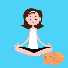 Girl is meditating with a cat.