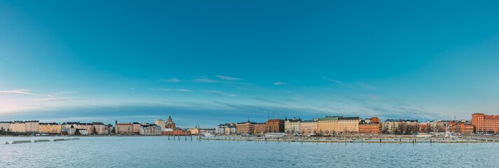 Helsinki, Finland. Panoramic View Of Kanavaranta Street And Uspenski Cathedral And Pohjoisranta Street In Winter Day