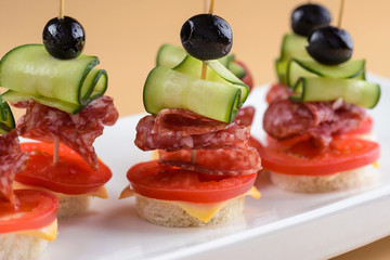 Canape with salami and cucumber