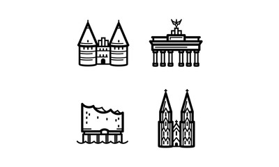 Simple set of german sightseeing line art icons for infographic or website use. Contains sightseeings such as the Holstentor gate, Brandenburg gate, Elphilharmonie and the Cologne cathedral. 