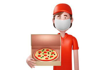 Pizza delivery courier with mask holding the box with pizza, 3d render