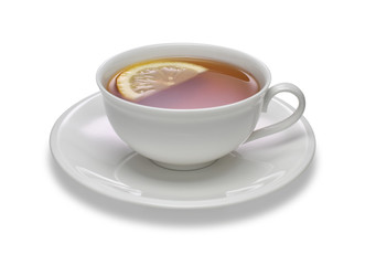 Cup of tea with lemon on white background