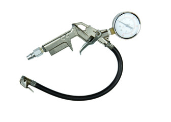 Tire inflator with pressure gauge black rubber hose on white background