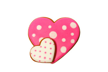 background from pink cookies heart shaped with different patterns, isolated