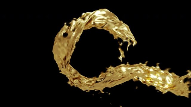 Abstract realistic 3D gold liquid flowing on black background with alpha matte chanel. Close up of golden liquid swirl. Cosmetic ads. Computer render of shiny pouring gold liquid.