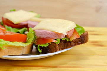 fresh sandwiches with vegetables, meat and cheese close-up