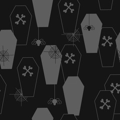 Halloween seamless pattern with coffins and cobwebs, in flat style, for gift wrap, textiles or holiday decorations.