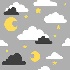 Seamless pattern of simple clouds and moons. Made in a flat, minimalistic doodle style.