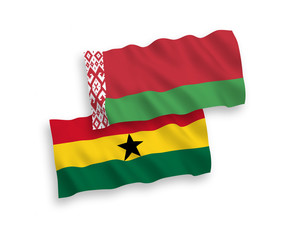 National vector fabric wave flags of Ghana and Belarus isolated on white background. 1 to 2 proportion.