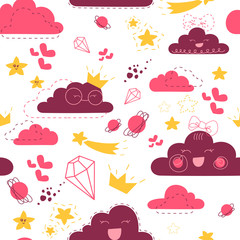 Seamless pattern of simple clouds with smiles and various additional elements on the theme of the sky. Made in a flat, minimalistic doodle style.