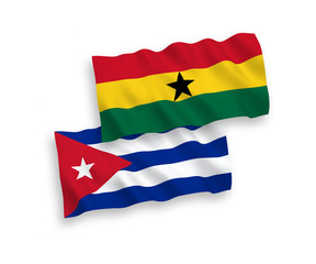 Obraz premium National vector fabric wave flags of Ghana and Cuba isolated on white background. 1 to 2 proportion.