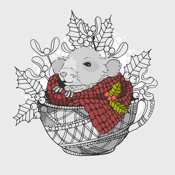 Graphic image of a rat sitting in a cup and wrapped in a scarf with elements of a hippo and mistletoe. cheerful. For printing design, cups and postcards