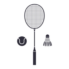 Flat vector illustration: racket, tennis ball and shuttlecock icon.