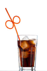cocktail with ice and cola in a glass on a white background, you can add rum or whiskey